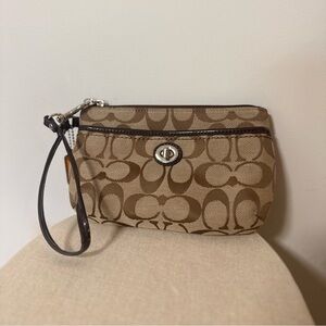 COACH Brown Monogram Wristlet with Strap, Signature Canvas